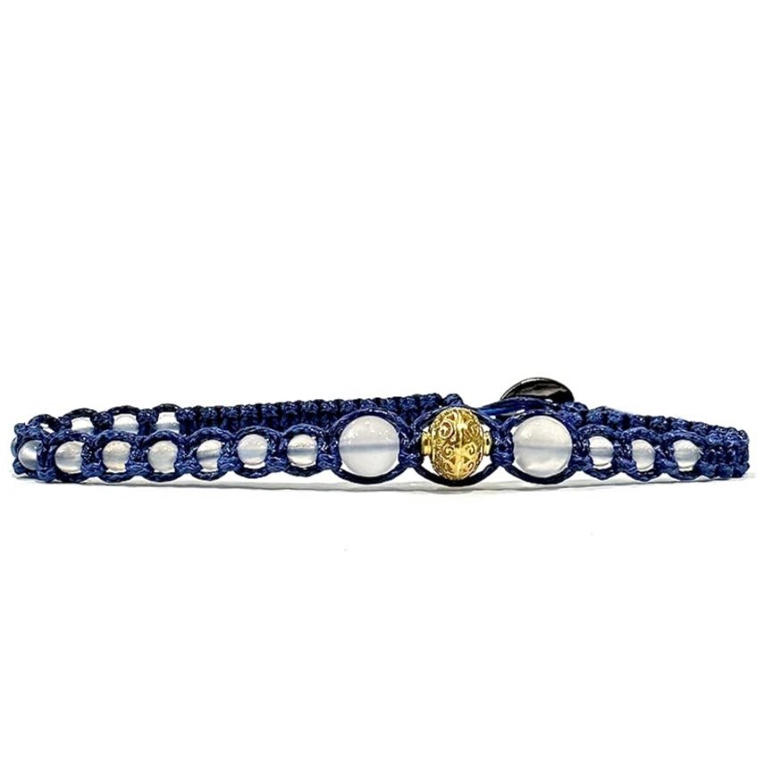 Samsara Cavigliera tibetana Shamballa con pietre - AGATA BIANCA FUME' FILO BLU - Clorophilla Shop