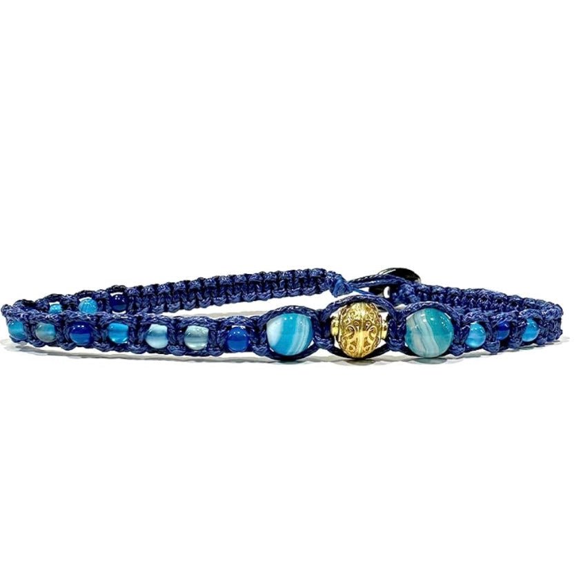 Samsara Cavigliera tibetana Shamballa con pietre - AGATA BLU STRIATA FILO BLU - Clorophilla Shop