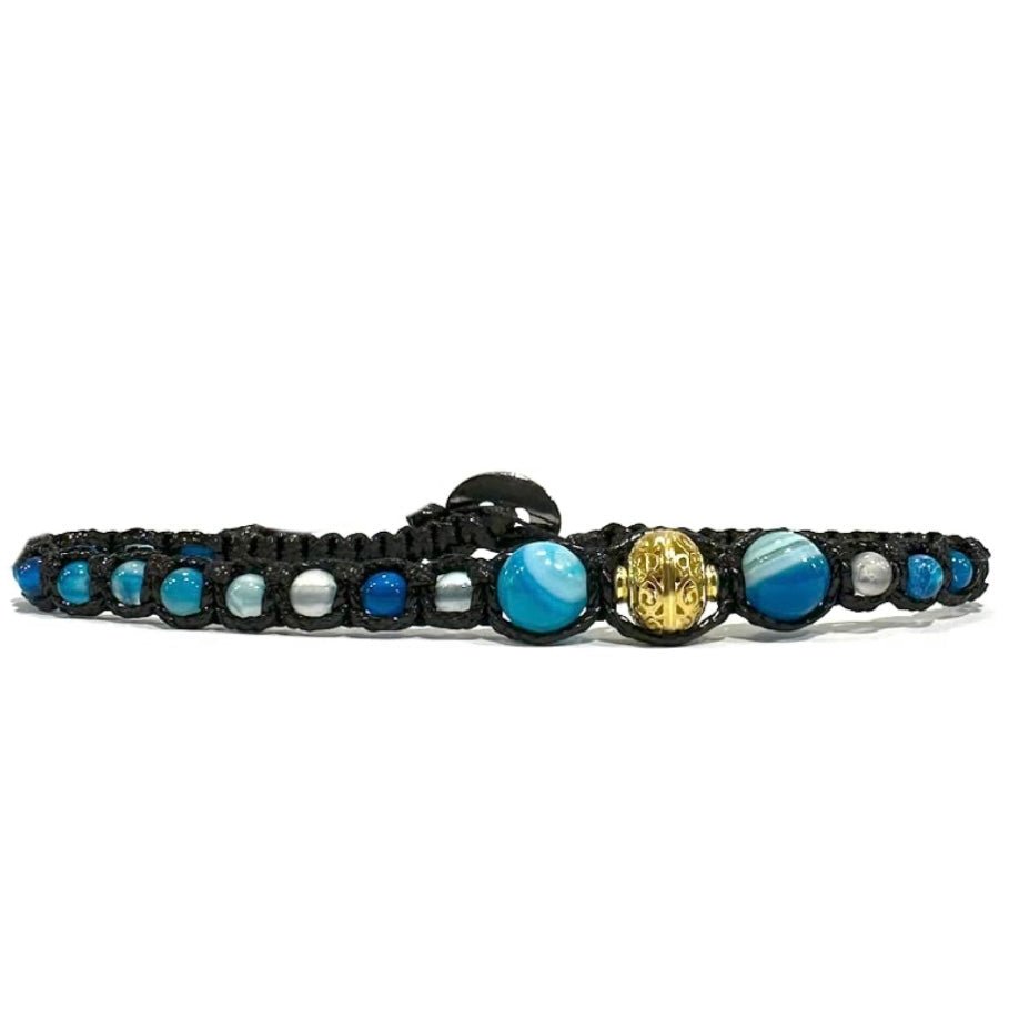 Samsara Cavigliera tibetana Shamballa con pietre - AGATA BLU STRIATA FILO NERO - Clorophilla Shop