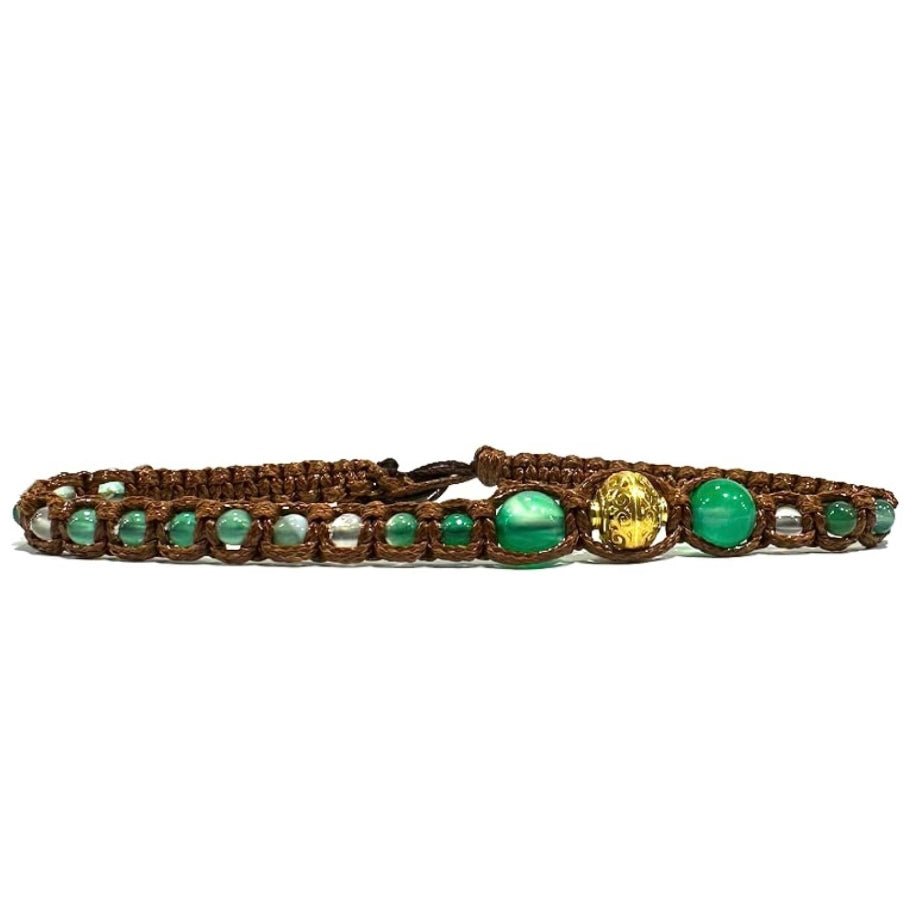 Samsara Cavigliera tibetana Shamballa con pietre - AGATA VERDE STRIATA FILO MARRONE - Clorophilla Shop