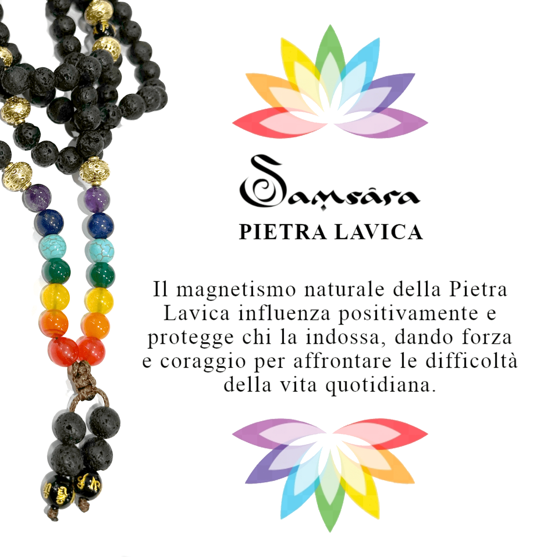 Samsara collana tibetana 7 CHAKRA con 7 pietre diverse e Lava Nera - mala tibetano con 108 grani - Rosario Buddista Religioso - Clorophilla Shop