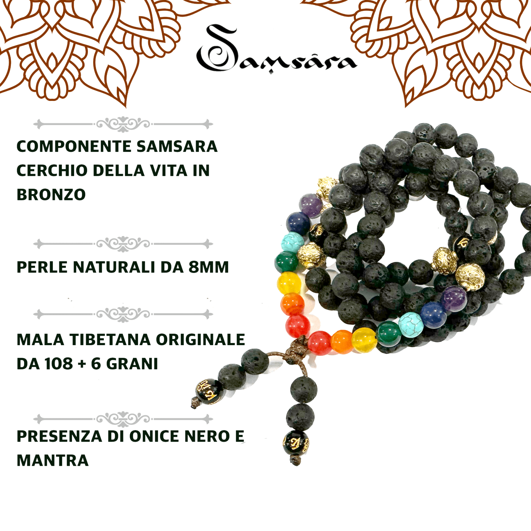 Samsara collana tibetana 7 CHAKRA con 7 pietre diverse e Lava Nera - mala tibetano con 108 grani - Rosario Buddista Religioso - Clorophilla Shop