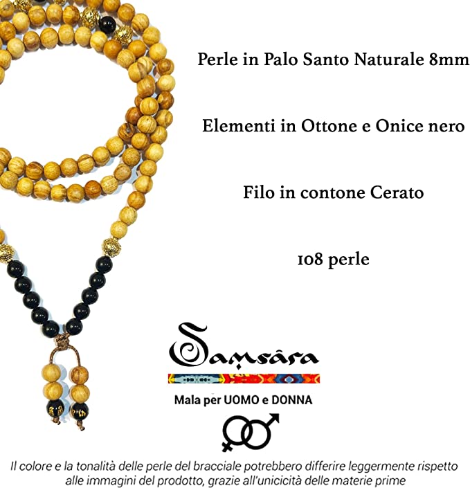 Samsara Collana Tibetana con Palo Santo e Onice Nero - Mala Tibetano con 108 Grani - Clorophilla Shop