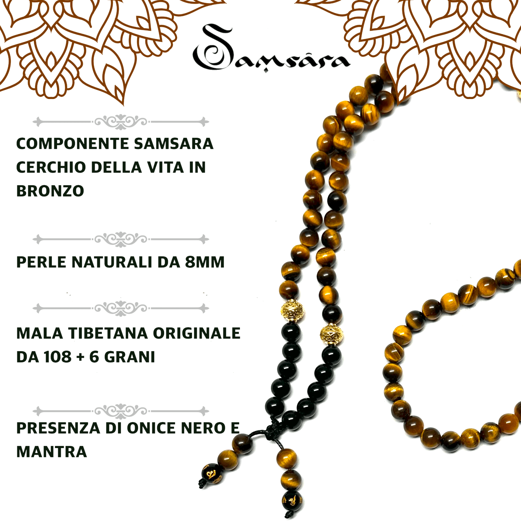 SAMSARA MALA IN OCCHIO DI TIGRE E ONICE NERO - Protezione, sicurezza e forza interiore - Clorophilla Shop