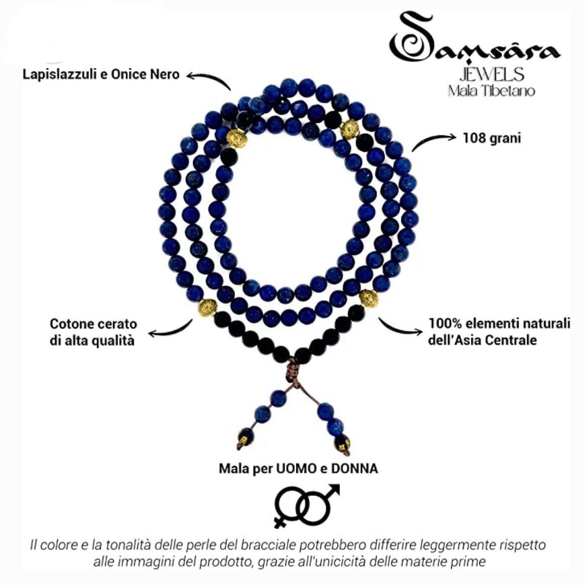 SAMSARA MALA TIBETANA IN LAPISLAZZULI E ONICE NERO - Chiarezza, protezione e forza interiore - Clorophilla Shop