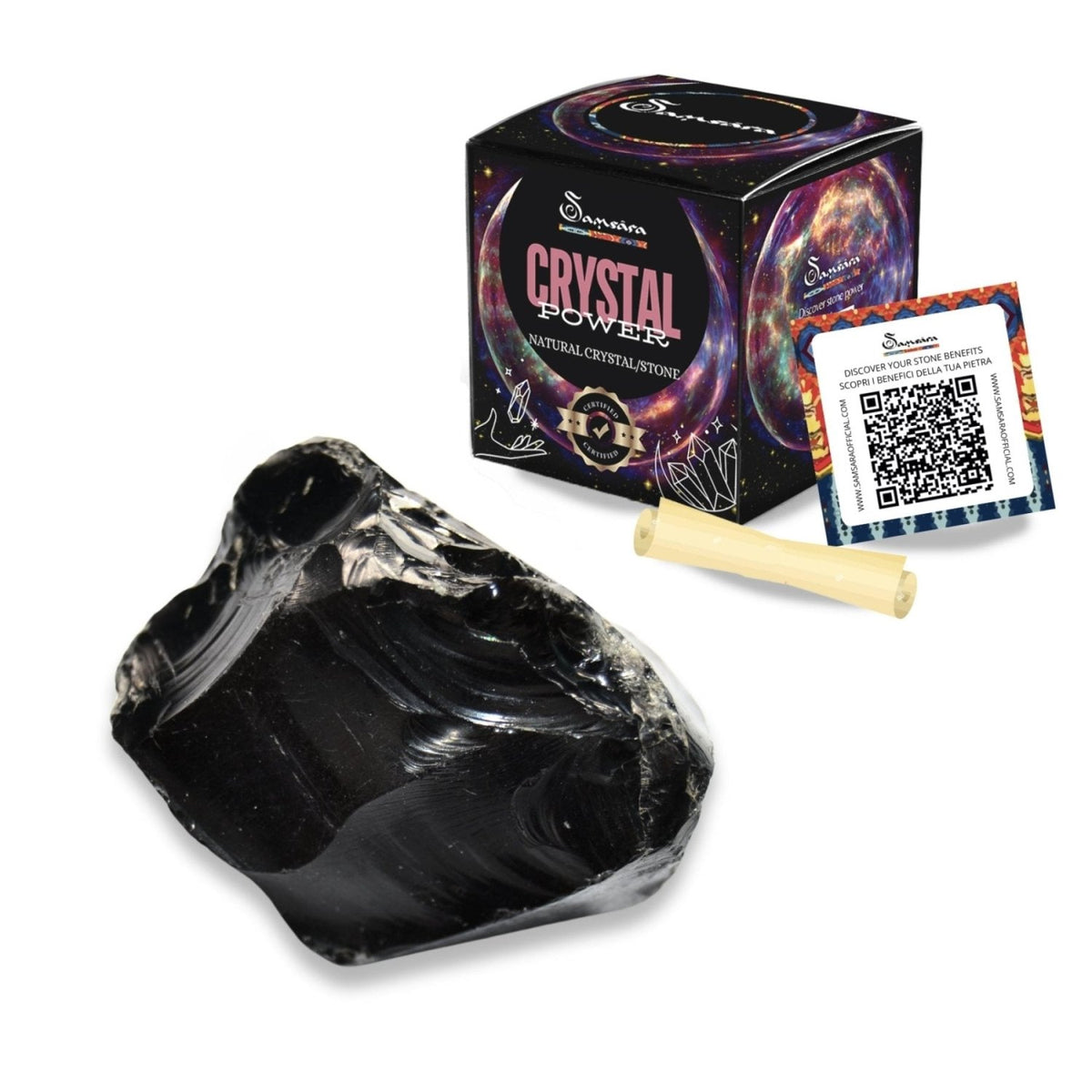 SAMSARA - OSSIDIANA NERA Pietra Grezza Naturale con Confezione Regalo e Foglietto Informativo - Clorophilla Shop