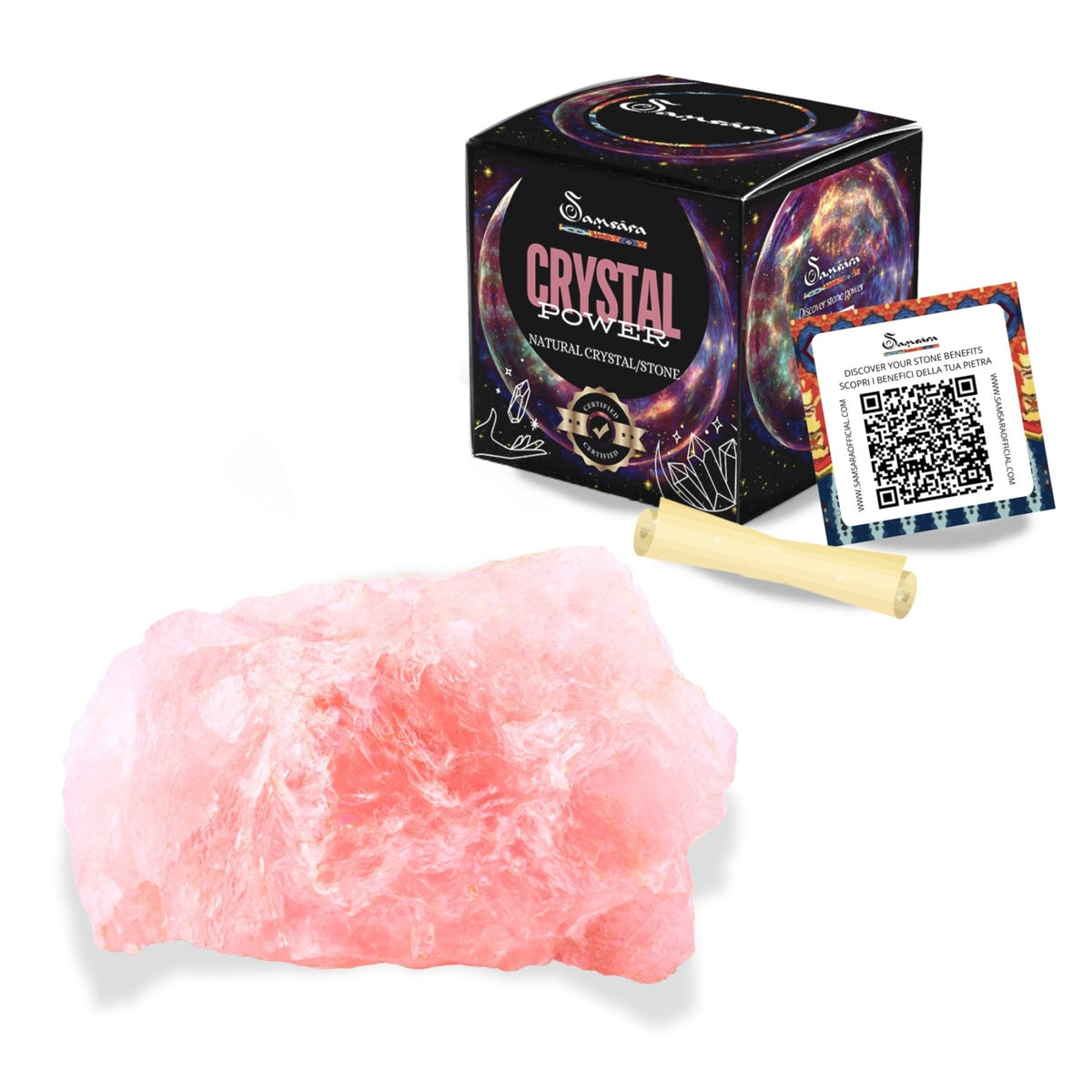 SAMSARA - QUARZO ROSA Pietra Grezza Naturale con Confezione Regalo e Foglietto Informativo - Clorophilla Shop