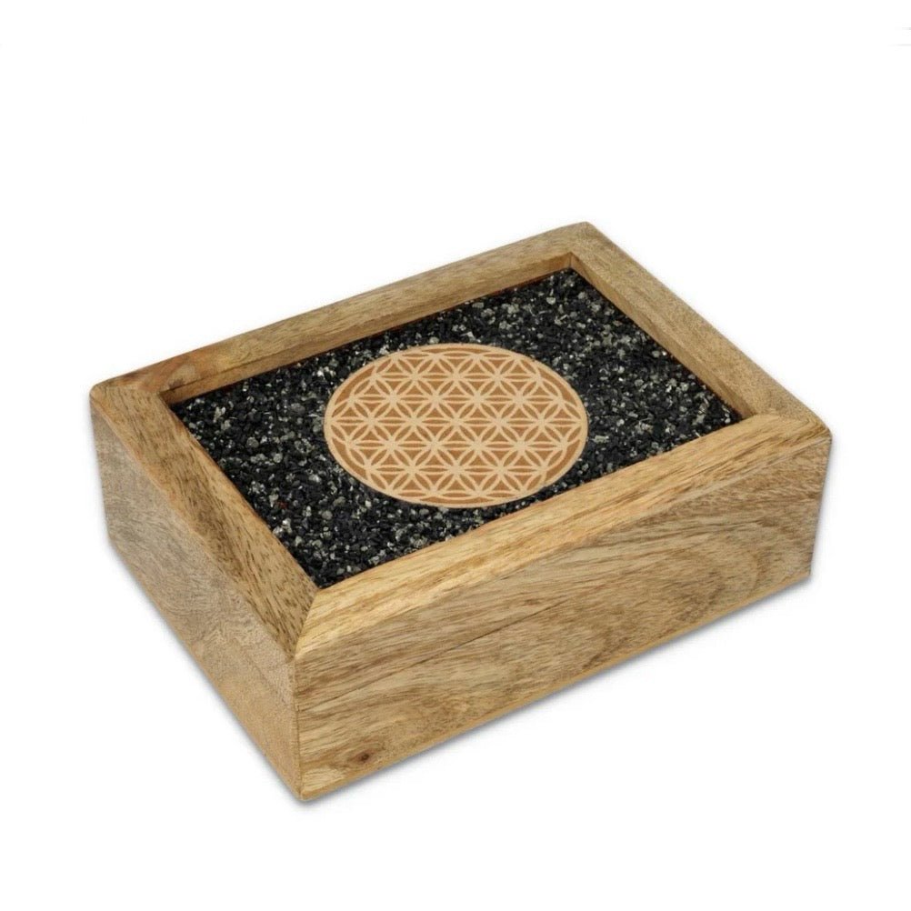 Scatola portagioie e Tarocchi in legno Fiore della vita - Tormalina nera e pirite - Clorophilla Shop