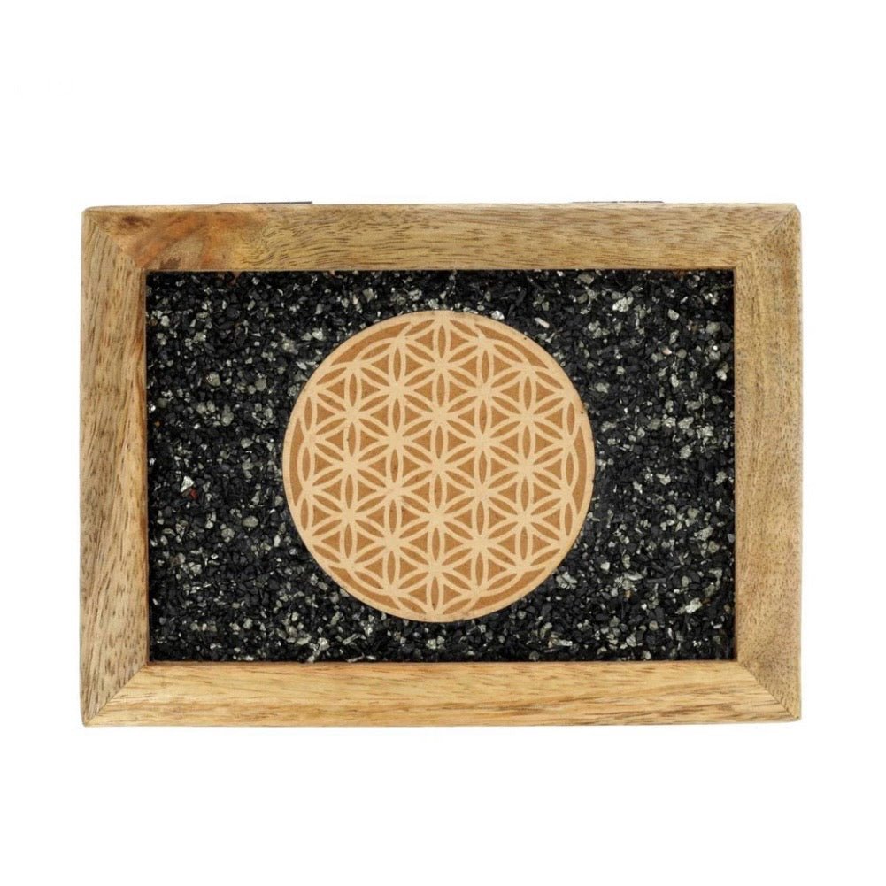 Scatola portagioie e Tarocchi in legno Fiore della vita - Tormalina nera e pirite - Clorophilla Shop