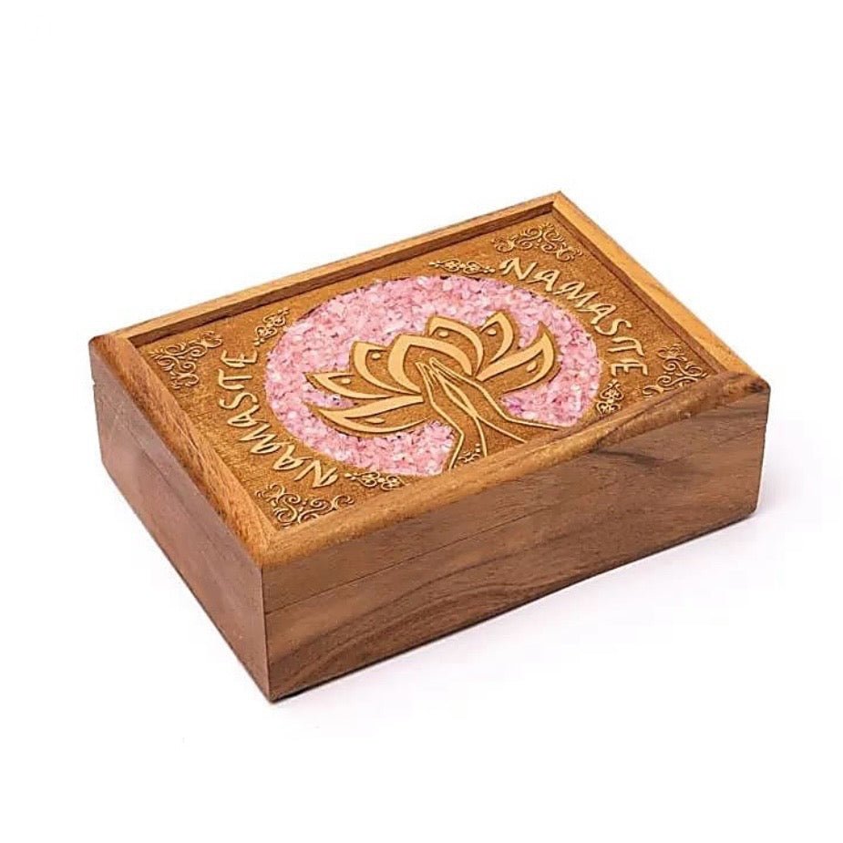 Scatola portagioie e Tarocchi in legno Loto Namaste - Quarzo rosa - Clorophilla Shop
