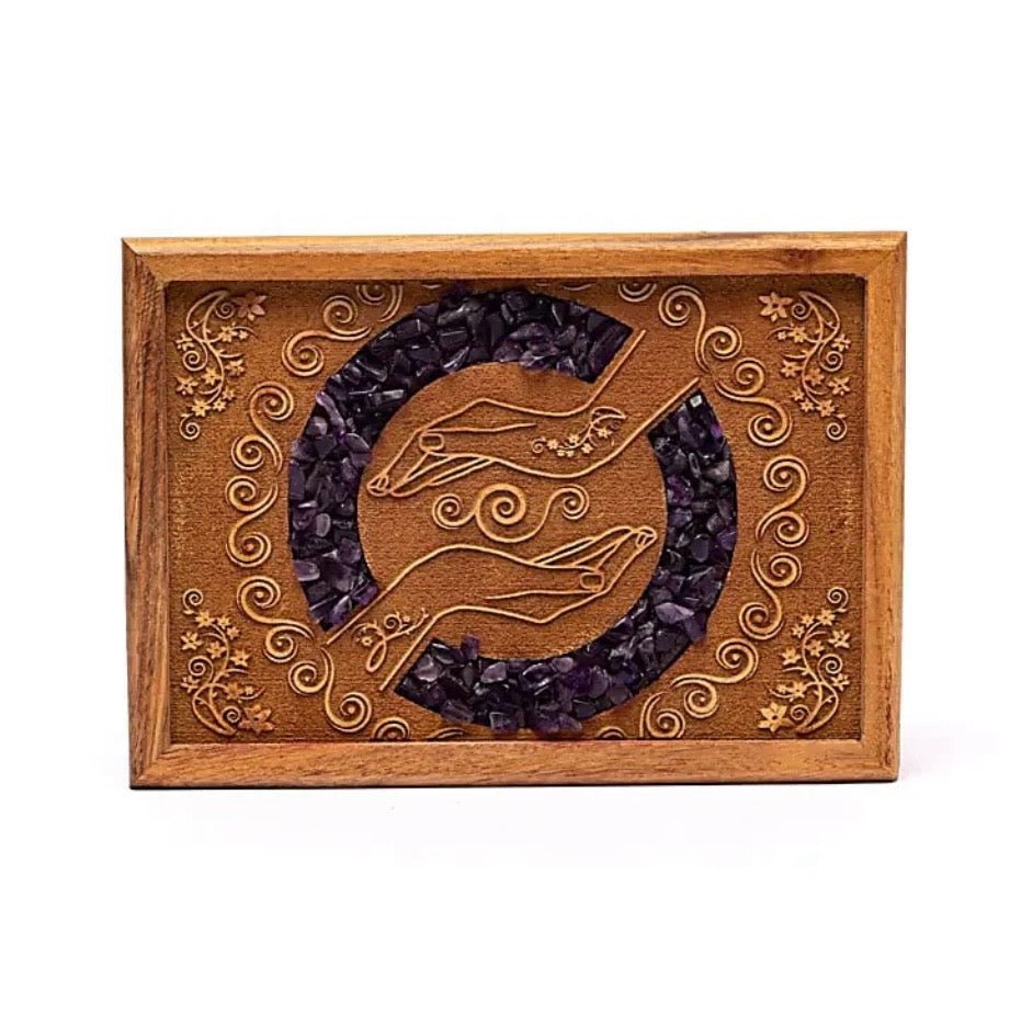 Scatola portagioie e Tarocchi in legno Mani guaritrici - Ametista - Clorophilla Shop