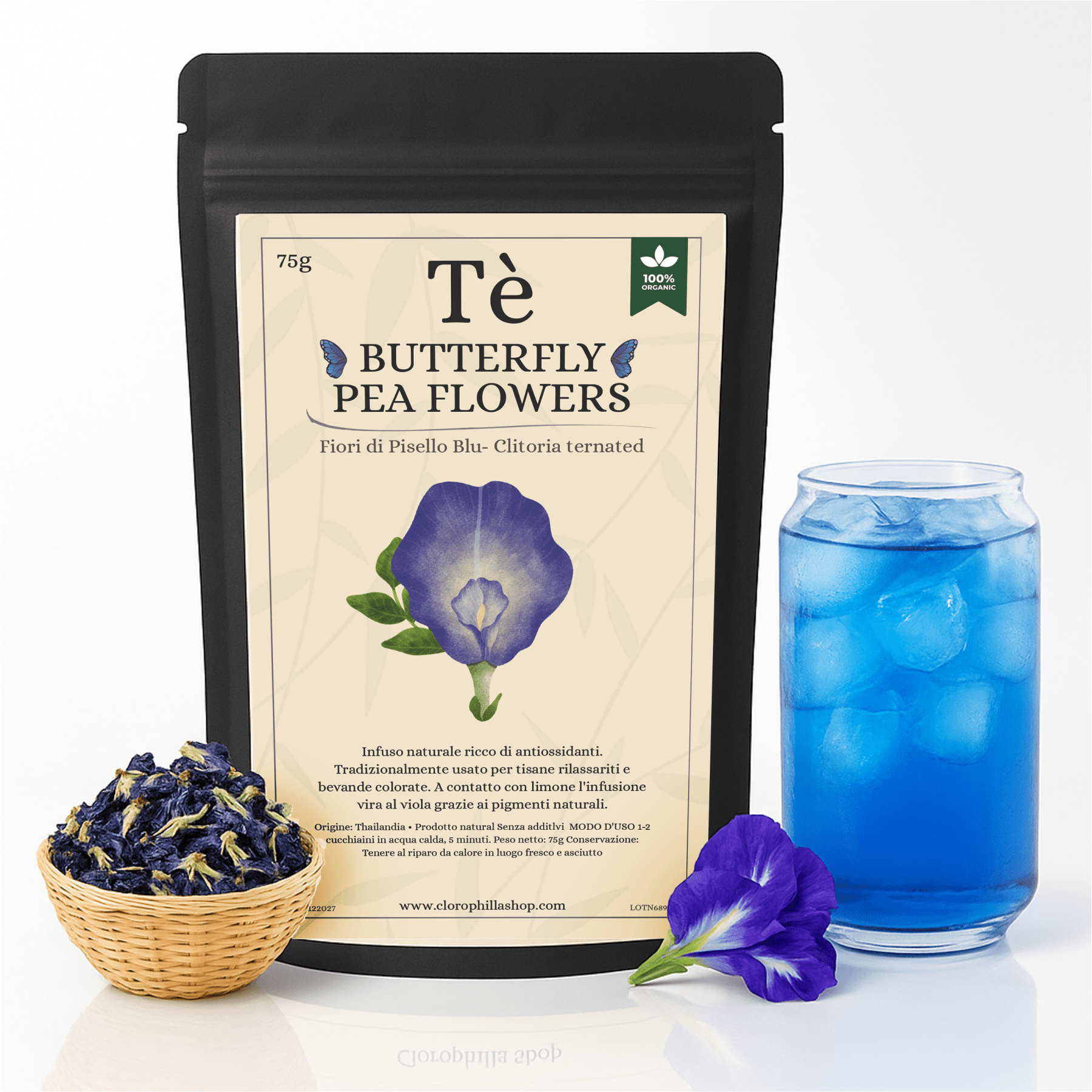 Tè Blue Butterfly Pea - SAPORE NATURALE| Fiori di Piselli blu Farfalla - Ansia e Stress, Antiossidante Naturale -75g - Clorophilla Shop