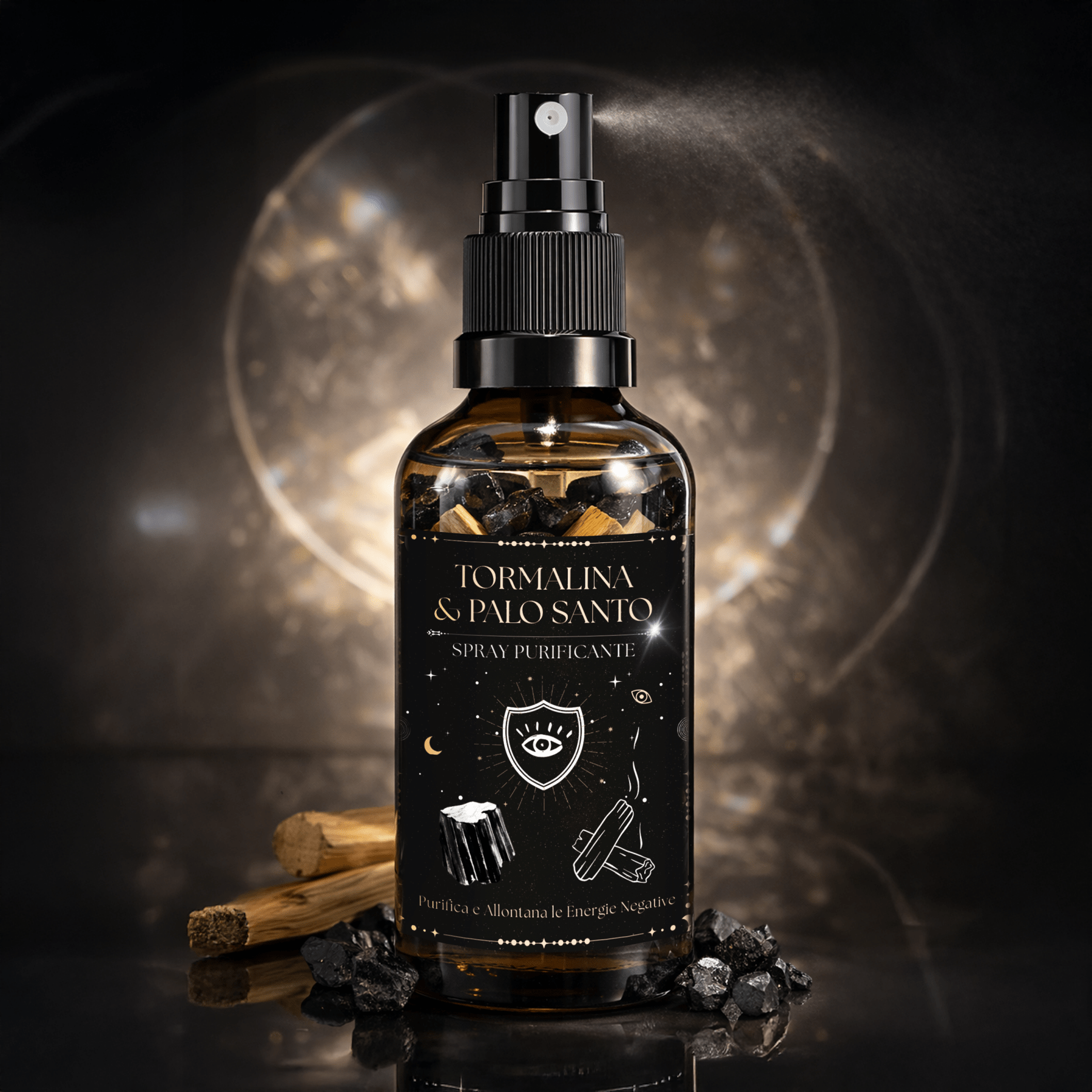 TORMALINA &amp; PALO SANTO - Spray Purificante con nuggets tormalina e chips di palo santo - 60ml - Clorophilla Shop