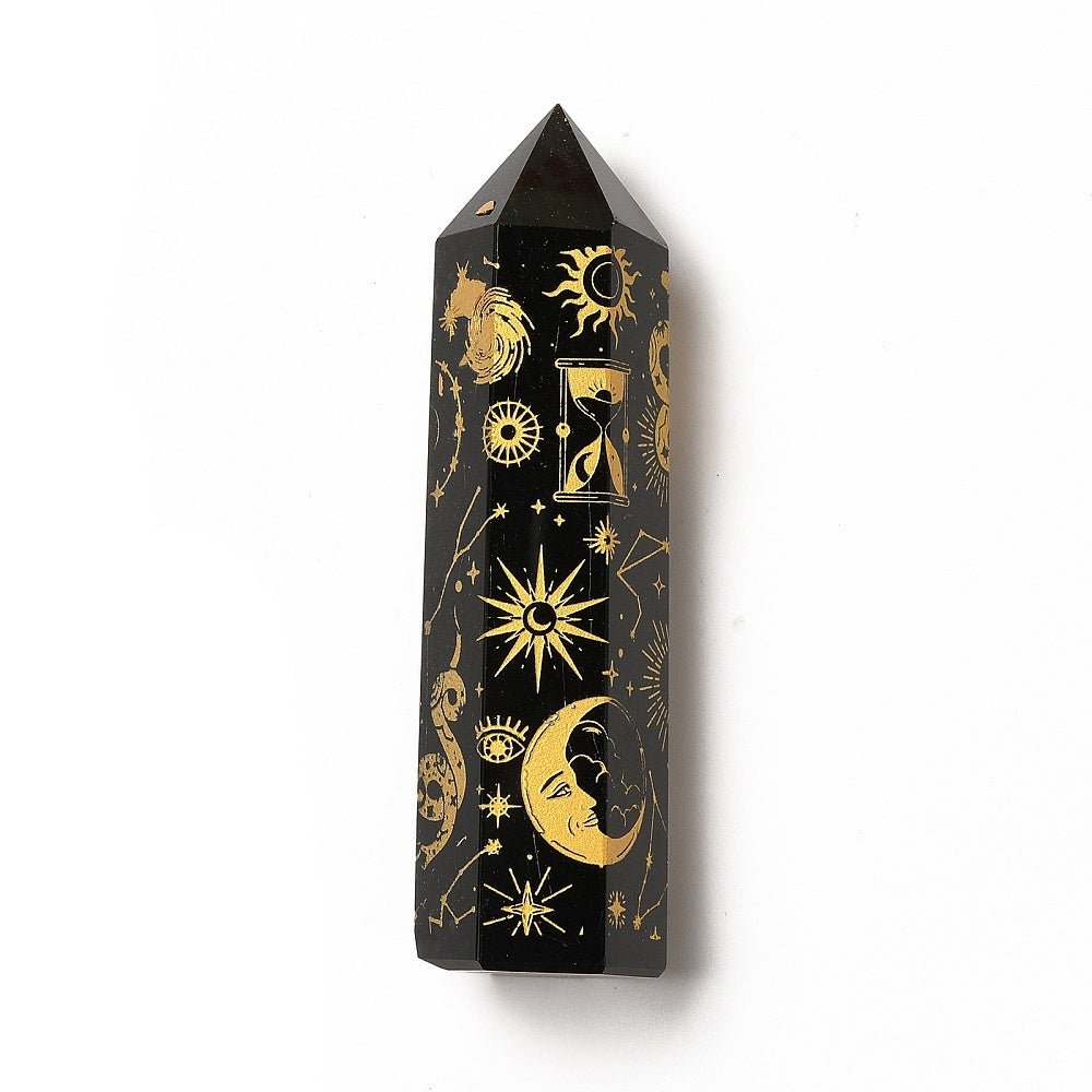 Torre in Ossidiana Naturale con Prisma Esagonale – Decorazione Serpente, Sole e Luna Oro - Clorophilla Shop