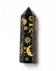 Torre in Ossidiana Naturale con Prisma Esagonale – Decorazione Serpente, Sole e Luna Oro - Clorophilla Shop