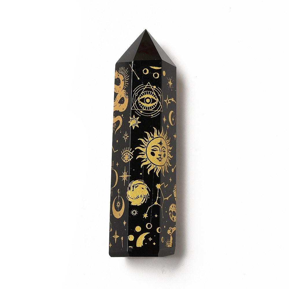 Torre in Ossidiana Naturale con Prisma Esagonale – Decorazione Serpente, Sole e Luna Oro - Clorophilla Shop