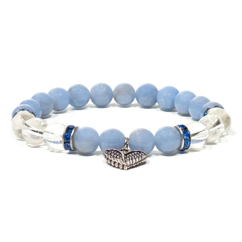 Bracciale elastico in Cristallo di Rocca e Angelite con ala d'angelo - Clorophilla Shop