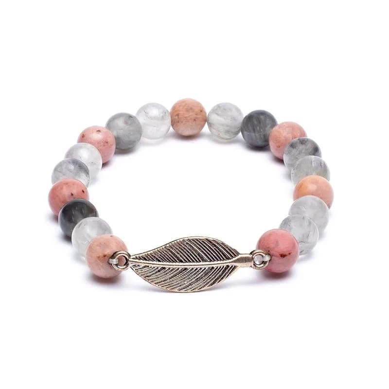Bracciale in Rodonite e Quarzo Grigio con piuma - 21 grani - Clorophilla Shop