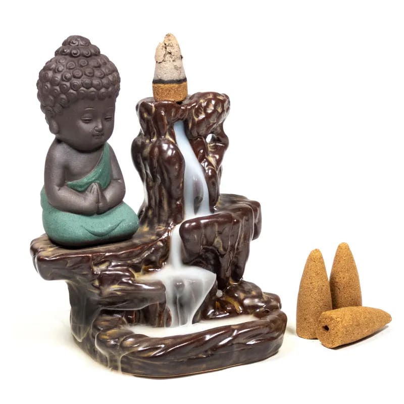 Bruciatore di incenso a forma di mano di Buddha, a cascata, porta incenso a  forma di loto, supporto in ceramica 11 (con luce LED)