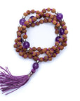 Mala Tibetana Rudraksha e Ametista con Nappa - Collana Rosario 108 Grani