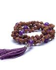 Mala Tibetana Rudraksha e Ametista con Nappa - Collana Rosario 108 Grani