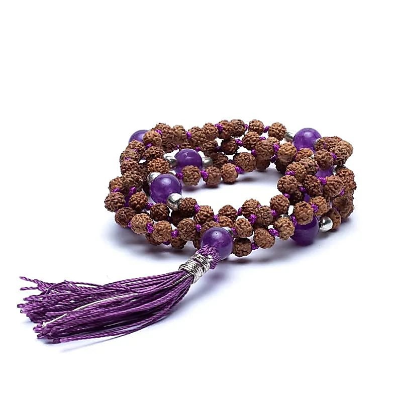Mala Tibetana Rudraksha e Ametista con Nappa - Collana Rosario 108 Grani - Clorophilla Shop