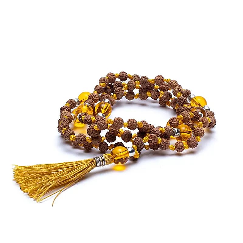 Mala Tibetana Rudraksha e Citrino Quarzo affumicato con Nappa - Collana Rosario 108 Grani - Clorophilla Shop