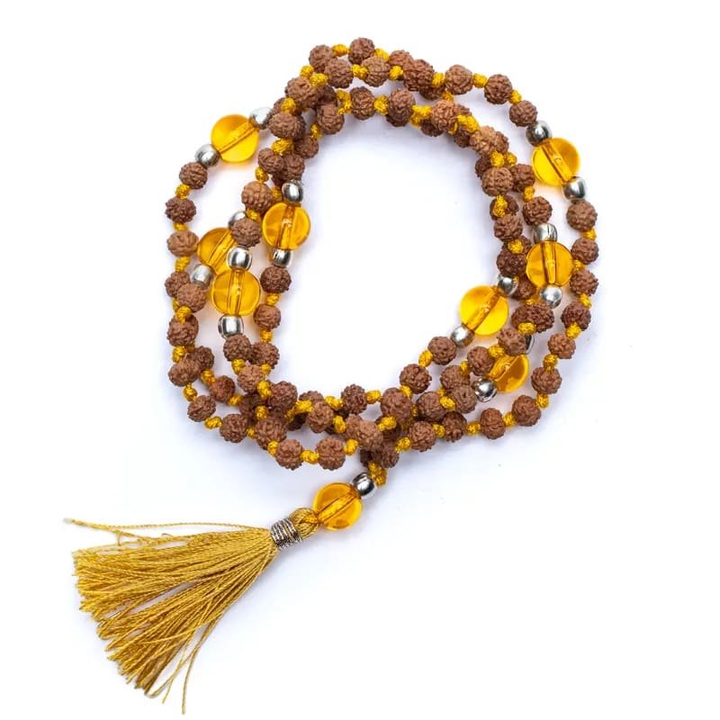 Mala Tibetana Rudraksha e Citrino Quarzo affumicato con Nappa - Collana Rosario 108 Grani - Clorophilla Shop