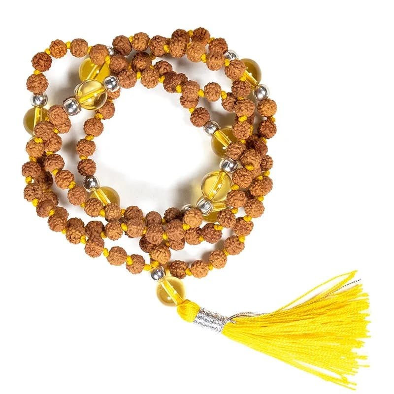 Mala Tibetana Rudraksha e Citrino Quarzo affumicato con Nappa - Collana Rosario 108 Grani - Clorophilla Shop