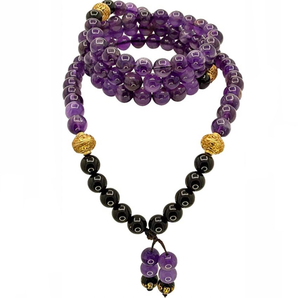 SAMSARA MALA TIBETANA IN AMETISTA E ONICE NERO - Calma, protezione e stabilità mentale - Clorophilla Shop