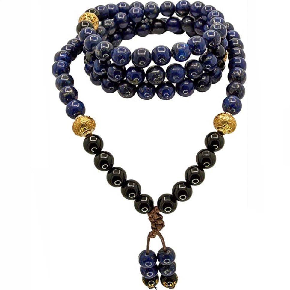 SAMSARA MALA TIBETANA IN LAPISLAZZULI E ONICE NERO - Chiarezza, protezione e forza interiore - Clorophilla Shop