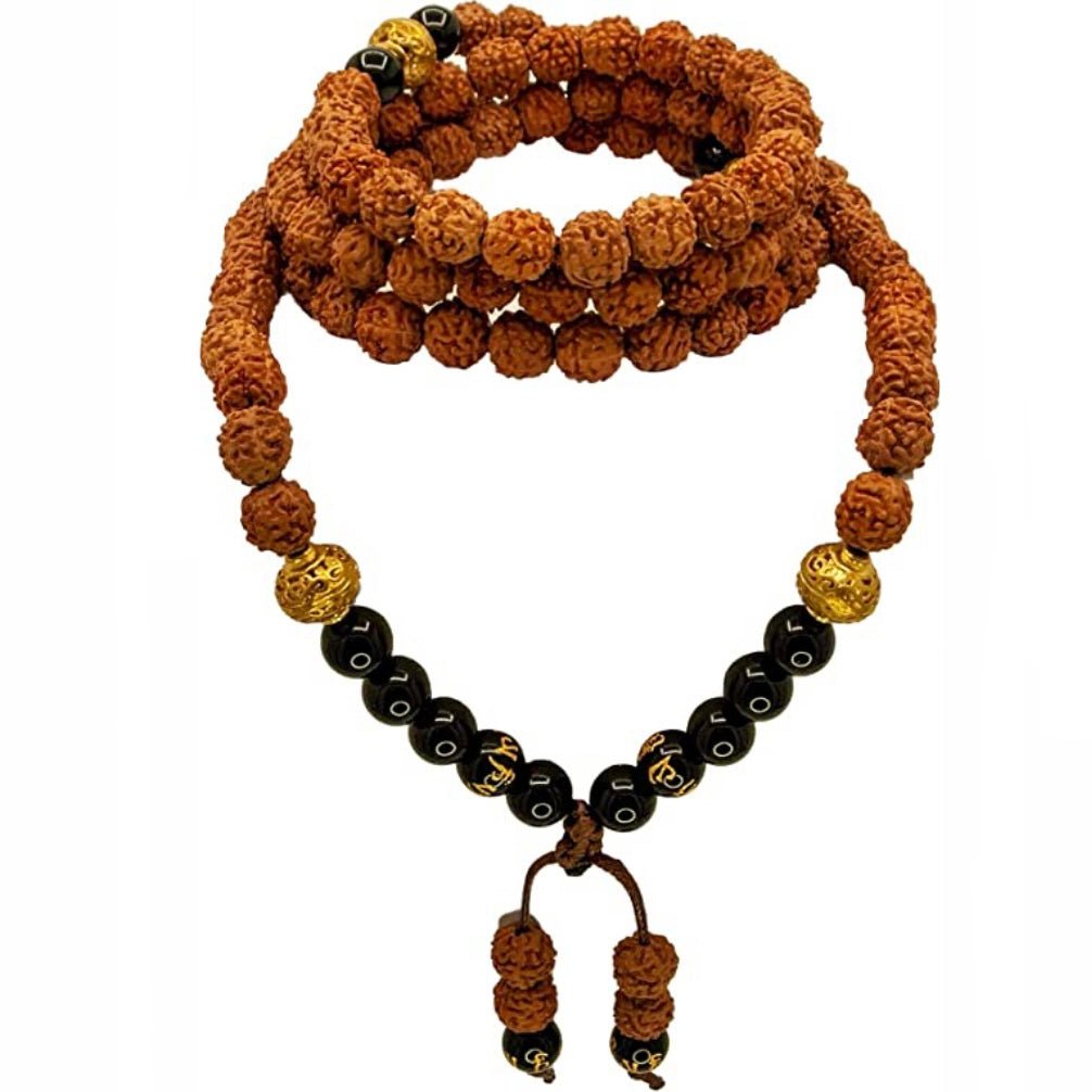 SAMSARA MALA TIBETANA IN RUDRAKSHA E ONICE NERO - Forza, centratura e connessione - Clorophilla Shop