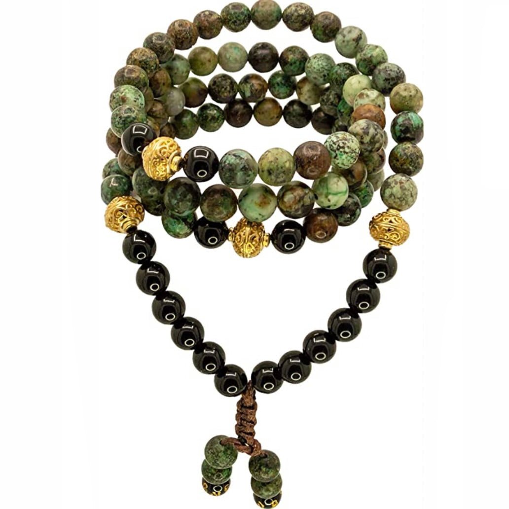 SAMSARA MALA TIBETANA IN TURCHESE AFRICANO E ONICE NERO - Evoluzione, protezione e crescita personale - Clorophilla Shop