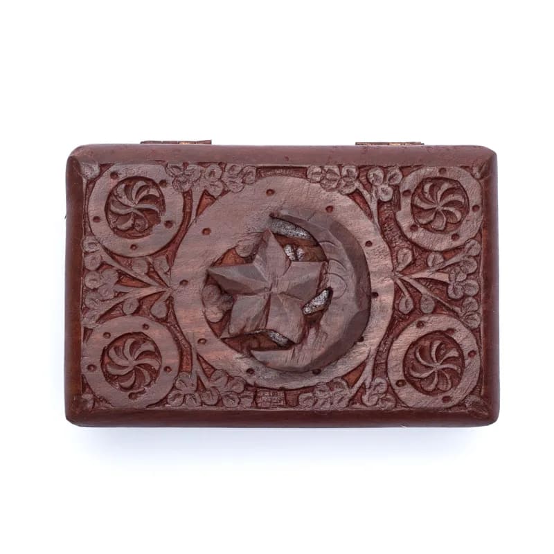 Scatola per Tarocchi in legno Stella e Luna - Intagliata a mano - Clorophilla Shop