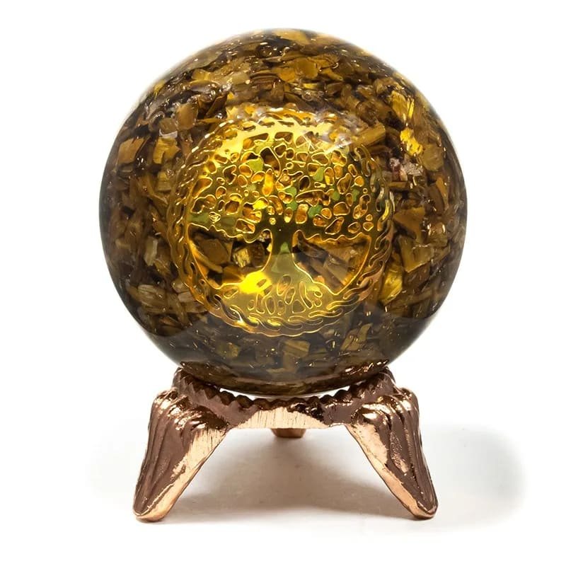 Sfera Orgonite Occhio di Tigre con Albero della Vita - Rilassante e Rivitalizzante - Cristalloterapia - Clorophilla Shop